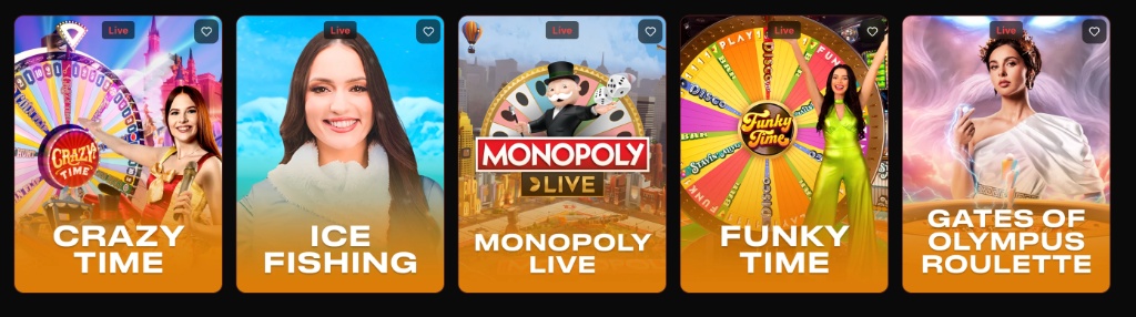 Popular Vegas Nova live games — Crazy Time, Ice Fishing, Monopoly Live, Funky Time, Gates of Olympus Roulette
